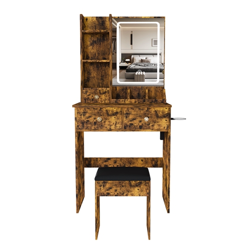 Vanity Desk Set Makeup Dressing Table with Stool, Lighted Mirror, 3 Drawers, 3 Open Shelves, 3 Open Cubbies, Power Station