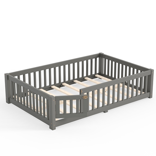 Full Size Montessori Floor Bed with Safety Guardrails and Lockable Door, Low Profile Wooden Floor Bed Frame for Kids Pine Wood Toddler Bed with Remova