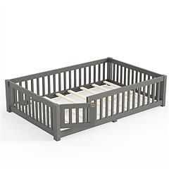 Full Size Montessori Floor Bed with Safety Guardrails and Lockable Door, Low Profile Wooden Floor Bed Frame for Kids Pine Wood Toddler Bed with Remova