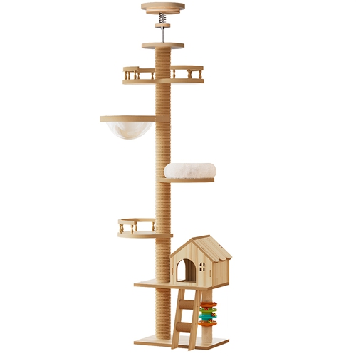 Floor to Ceiling Cat Tree, Adjustable Height Wooden Cat Tower with Cat Condo, Acrylic Hammock, Sisal Scratching Post & Cat Toy, Natural Floor-to-Ceili