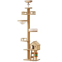 Floor to Ceiling Cat Tree, Adjustable Height Wooden Cat Tower with Cat Condo, Acrylic Hammock, Sisal Scratching Post & Cat Toy, Natural Floor-to-Ceili Floor to Ceiling Cat Tree, Adjustable Height Wooden Cat Tower with Cat Condo, Acrylic Hammock, Sisal Scratching Post & Cat Toy, Natural Floor-to-Ceili