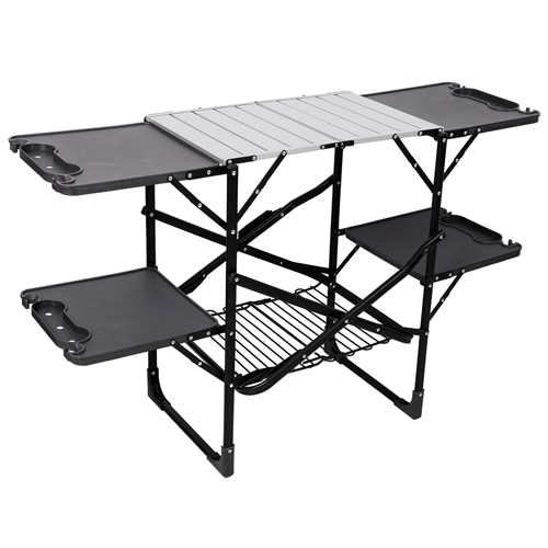 Folding Camping Kitchen Table, Portable Outdoor Cooking Station with Heat Resistant Top, 4 Side Tables & Lower Storage Rack for Picnic, Tailgating & C