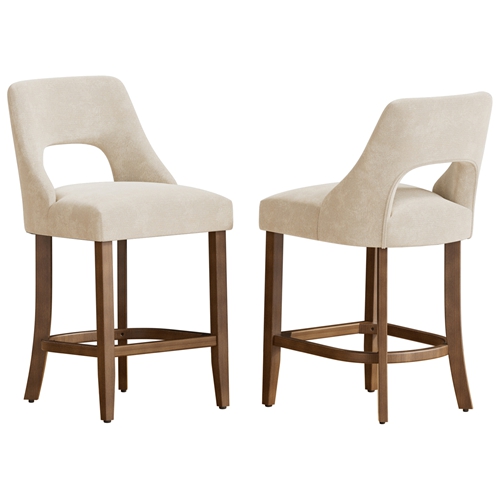Cutout Back Counter Height Bar Stools Set of 2, Mid Century Chenille Upholstered Kitchen Island Stools with Solid Rubberwood Legs