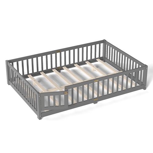 Queen Size Montessori Floor Bed with Safety Guardrails and Lockable Door, Low Profile Wooden Floor Bed Frame for Kids Pine Wood Toddler Bed with Remov