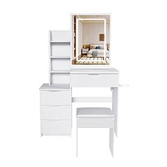 Vanity Desk Set Makeup Dressing Table with Stool, Lighted Mirror, 4 Drawers, Open Storage Shelves, Power Station