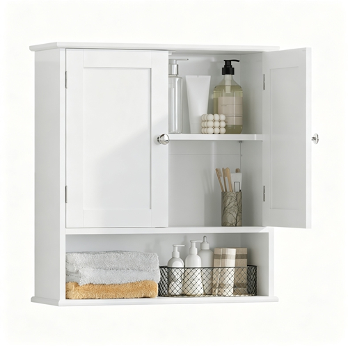 Bathroom Wall Cabinet with Doors Wall Mounted Medicine Cabinet with Adjustable Shelf & Open Storage Shelf MDF Bathroom Storage Cabinet for Toiletries 
