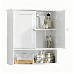 Bathroom Wall Cabinet with Doors Wall Mounted Medicine Cabinet with Adjustable Shelf & Open Storage Shelf MDF Bathroom Storage Cabinet for Toiletries 