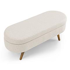 Oval Storage Ottoman Bench, Upholstered Storage Bench with Rubberwood Legs, Multifunctional Entryway Bench for Bedroom Living Room