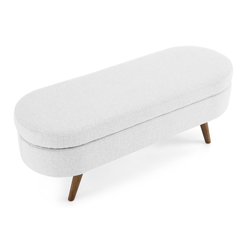Oval Storage Ottoman Bench, Upholstered Storage Bench with Rubberwood Legs, Multifunctional Entryway Bench for Bedroom Living Room