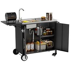 Outdoor Grill Cart with Storage Outdoor Grill Table with Sink Wheels Fold-Down Side Table for Patio Backyard BBQ