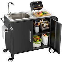 Outdoor Grill Cart with Storage Kitchen Prep Station Cart Outdoor Grill Table with Wheels Sink for Patio Backyard BBQ