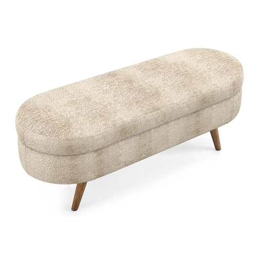 Oval Storage Ottoman Bench, Upholstered Storage Bench with Rubberwood Legs, Multifunctional Entryway Bench for Bedroom Living Room