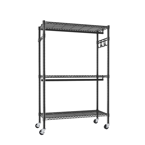 Heavy Duty Rolling Clothes Rack, Metal Garment Rack with 3 Adjustable Shelves, 2 Hanging Rods & Side Hooks, Mobile Clothing Storage Organizer with Loc