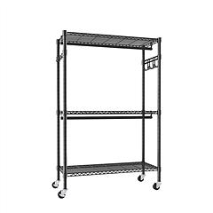 Heavy Duty Rolling Clothes Rack, Metal Garment Rack with 3 Adjustable Shelves, 2 Hanging Rods & Side Hooks, Mobile Clothing Storage Organizer with Loc