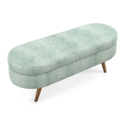 Oval Storage Ottoman Bench, Upholstered Storage Bench with Rubberwood Legs, Multifunctional Entryway Bench for Bedroom Living Room
