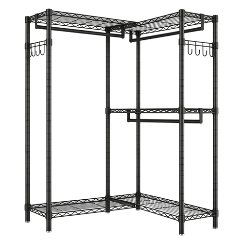 L Shaped Garment Rack, Heavy Duty Carbon Steel Clothes Rack with Adjustable Shelves & 3 Hanging Rods, Convertible Corner Clothing Rack for Bedroom Clo