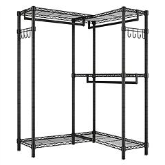 L Shaped Garment Rack, Heavy Duty Carbon Steel Clothes Rack with Adjustable Shelves & 3 Hanging Rods, Convertible Corner Clothing Rack for Bedroom Clo
