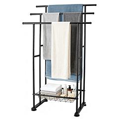 3-Tier Freestanding Towel Rack with Storage Basket Bathroom Towel Stand with Adjustable Leveling Feet Metal Towel Holder for Bathroom Bedroom Laundry 