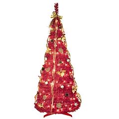 6FT Red Pre-Lit Pop-Up Christmas Tree with 150 Warm White LED Ribbons Bow Flowers Snowflakes Pine Cones Red Ornaments Collapsible Artificial Christmas