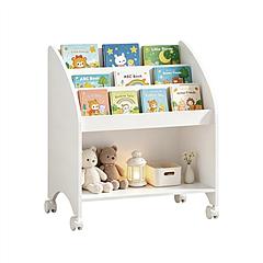 Kids Bookshelf with Wheels, 3-Tier Front Display Bookcase with Storage Shelf, Mobile Children Book Organizer with Lockable Casters for Bedroom Nursery